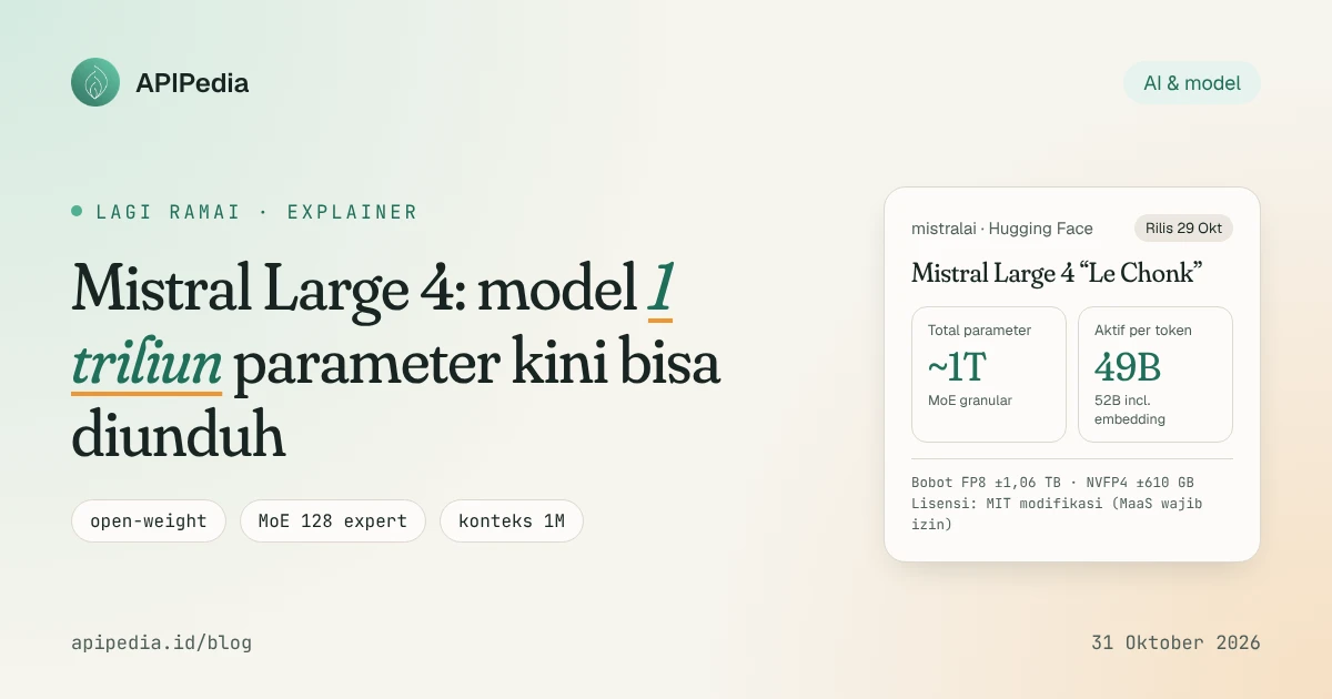 Cover APIPedia: Mistral Large 4, model 1 triliun parameter kini bisa diunduh, dengan kartu fakta ~1T total parameter, 49B aktif per token, bobot FP8 1,06 TB dan NVFP4 610 GB, lisensi MIT modifikasi