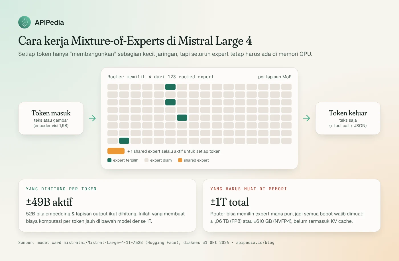 Diagram Mixture-of-Experts Mistral Large 4: token teks atau gambar masuk, router memilih 4 dari 128 routed expert ditambah 1 shared expert, lalu keluar sebagai teks; perbandingan 49B parameter aktif per token versus sekitar 1T parameter yang harus dimuat di memori