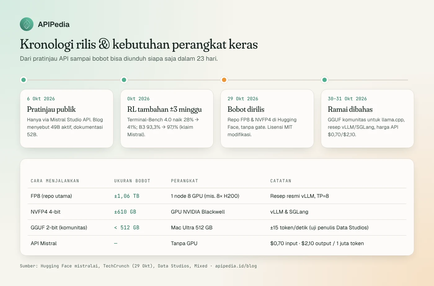 Kronologi Mistral Large 4: pratinjau publik 6 Oktober 2026, RL tambahan sekitar tiga minggu, bobot dirilis 29 Oktober, ramai dibahas 30-31 Oktober; disertai tabel kebutuhan perangkat keras FP8 1,06 TB di 8 GPU, NVFP4 610 GB di GPU Blackwell, GGUF 2-bit di Mac Ultra 512 GB, dan harga API $0,70/$2,10 per juta token